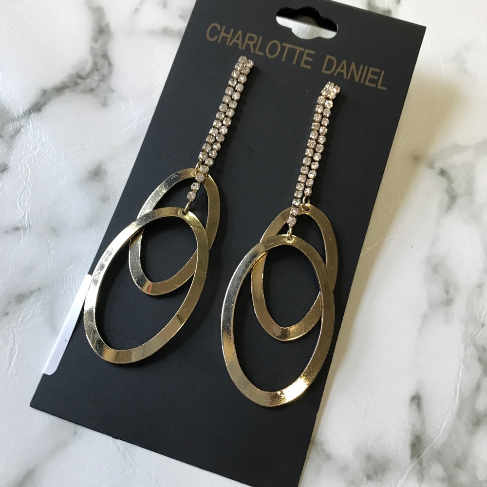 ‼️ Stunning Drop Earring  Rhinestone Gold Hoops - Picture 2 of 6